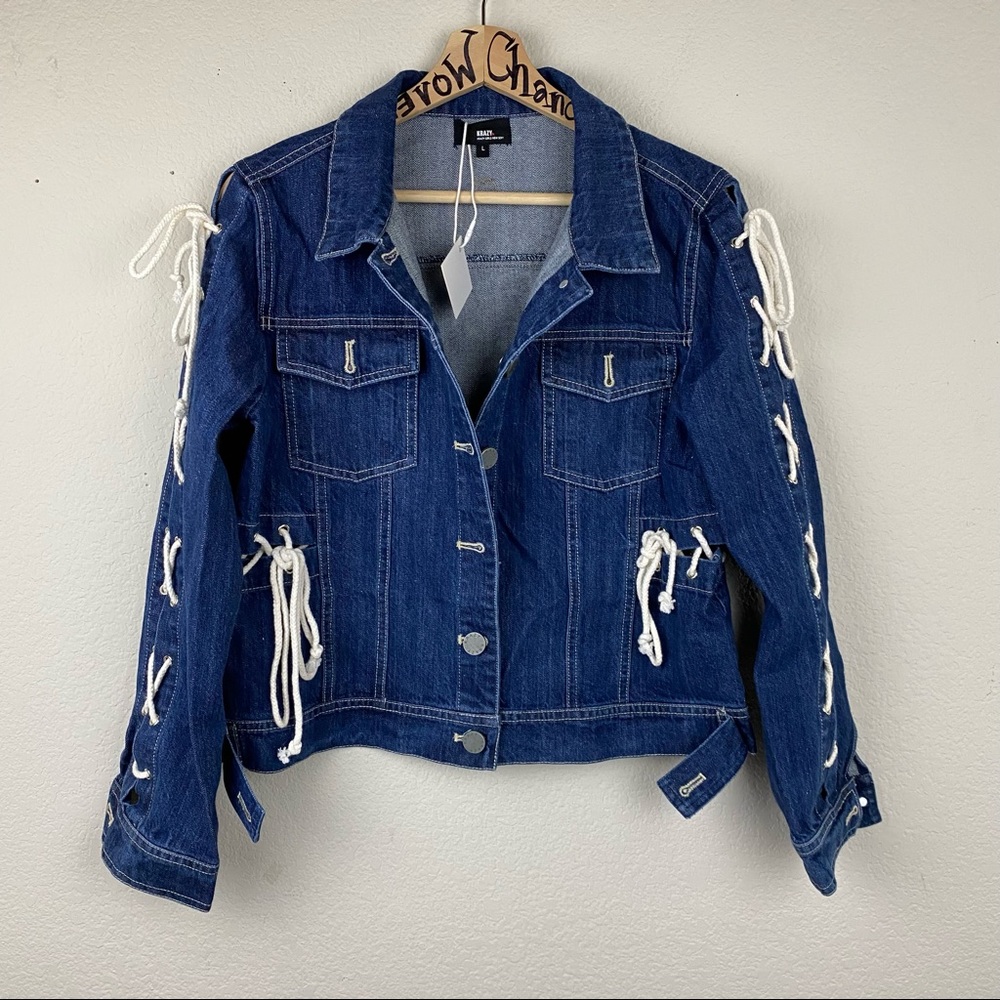 KRAZY Dark Wash Denim Lace Accent Jacket LARGE Long Sleeve Crop Peek A Boo F93